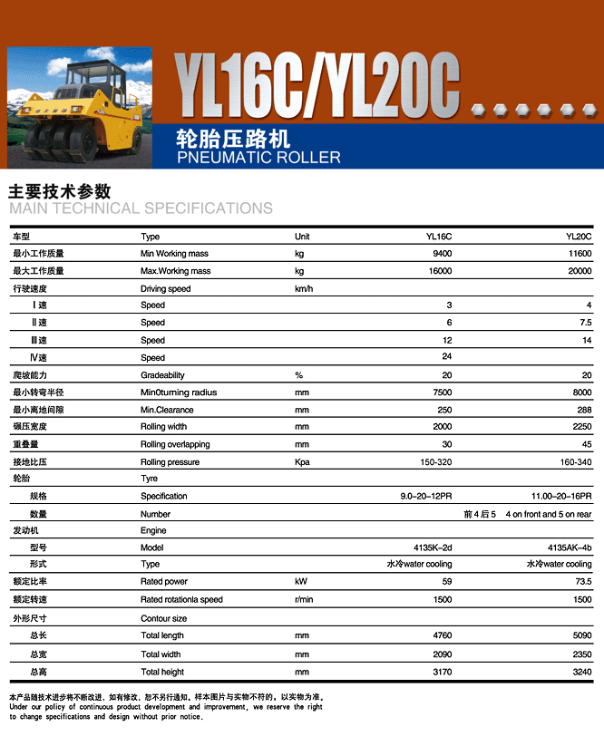 徐工yl16c/yl20c轮胎压路机参数配置